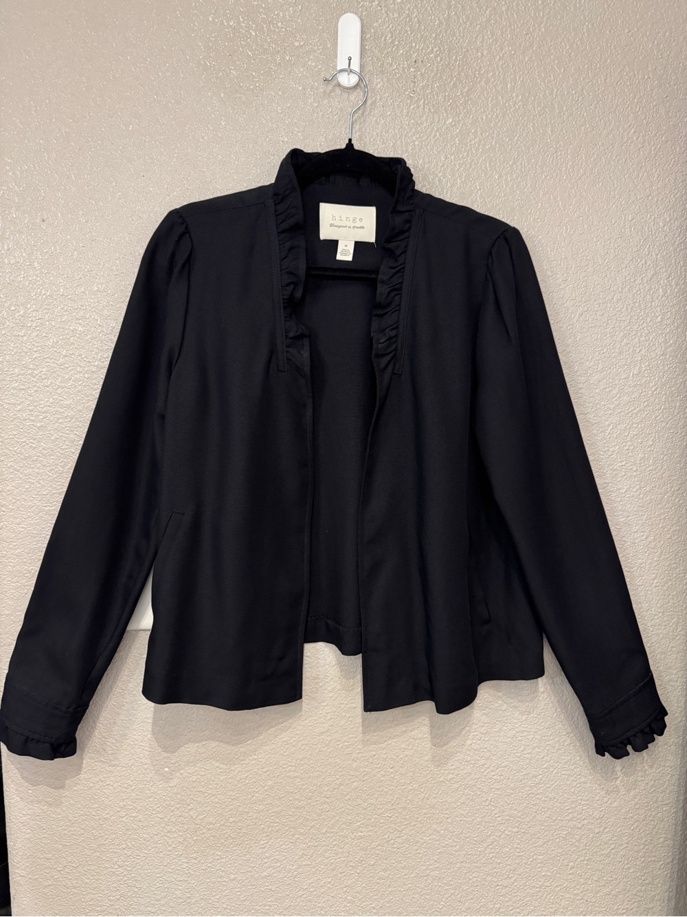 Hinge Black Lyocell Ruffle Collar Open Front Jacket Size Medium